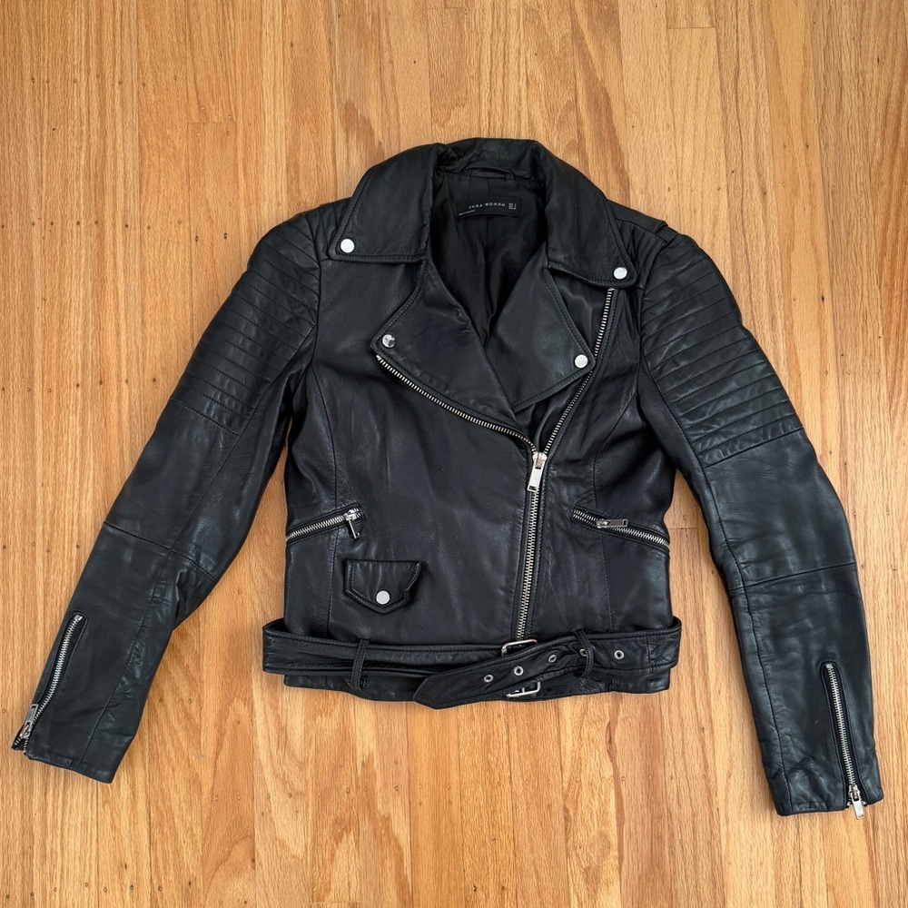 Zara Black Leather Moto Jacket with Quilted Shoulders